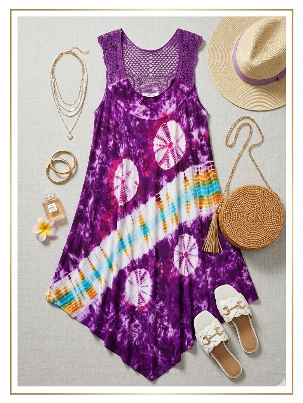 Ingear Resort Purple Tie-dye Crochet Flowy Dress